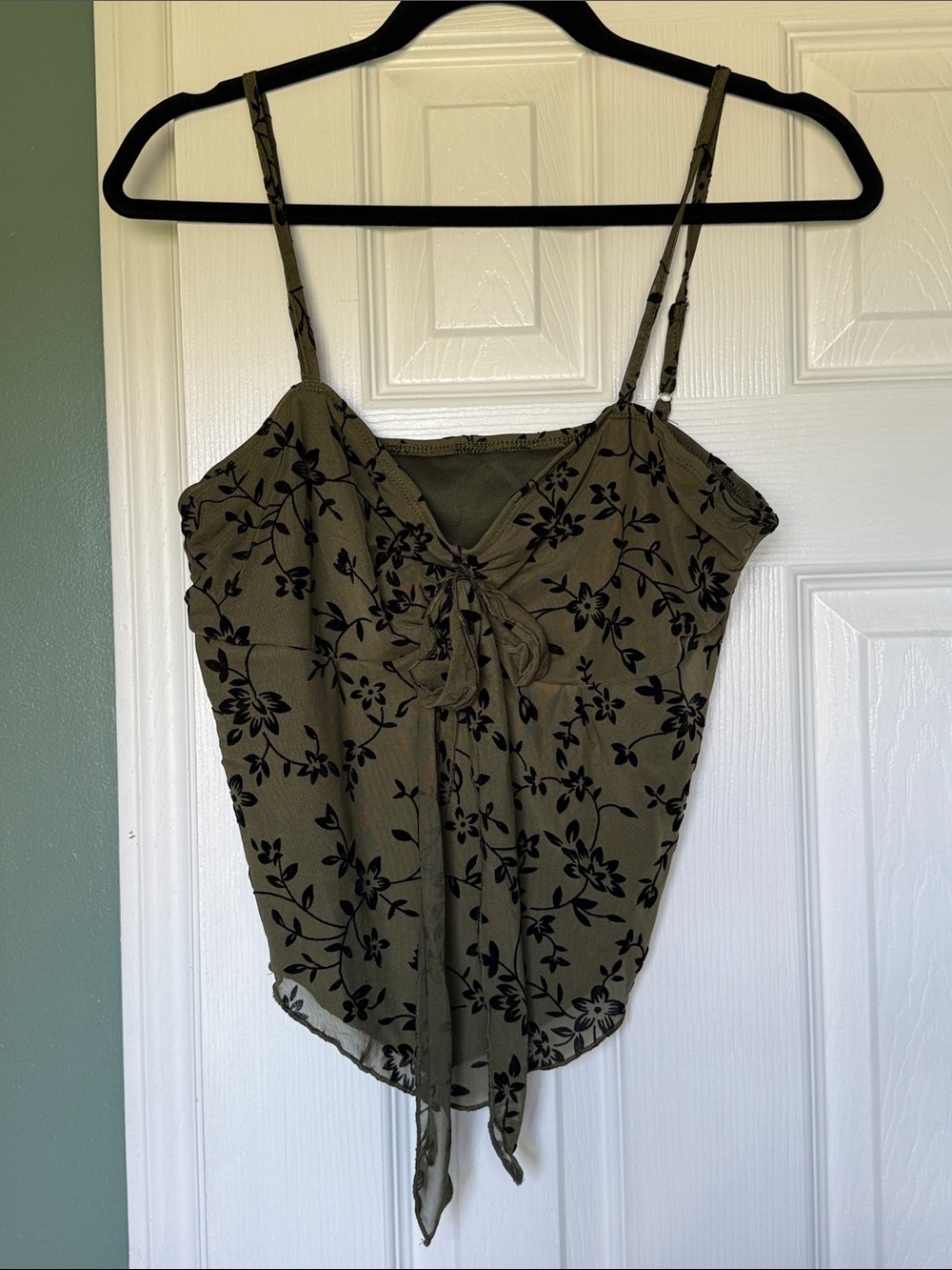 Olive Green Floral Tie-Front Cami Top